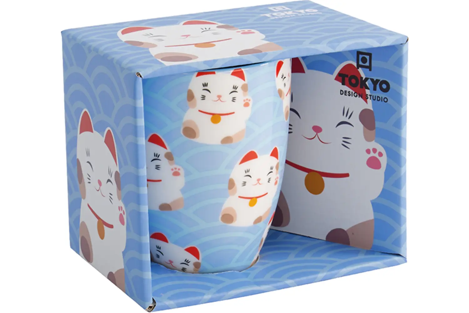 Tokyo Design Studio - Kawaii Mug Lucky Cat with Gift Box Wh/Bl 8.5x10.2cm. 340ml
