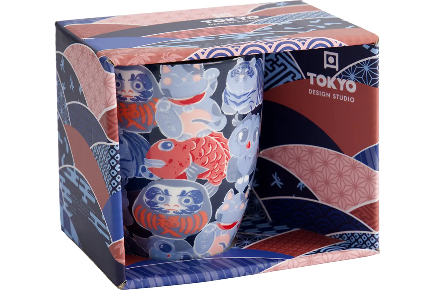 Tokyo Design Studio - Kawaii Mug Lucky Cat Daruma with Gift Box 8.5x10.2 Blue 340ml