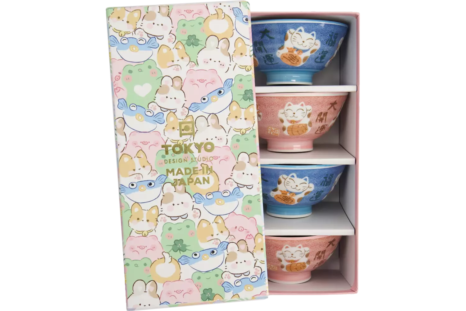 Tokyo Design Studio - Kawaii Bowls Lucky Cat Blue/Pink B 4pcs