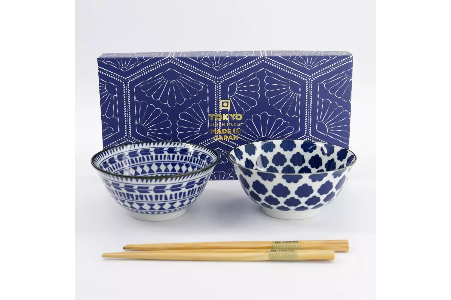 Tokyo Design Studio - Mixed Tayo Bowls 2pcs Giftset w/chopsticks 15x7cm Blue/White 500ml