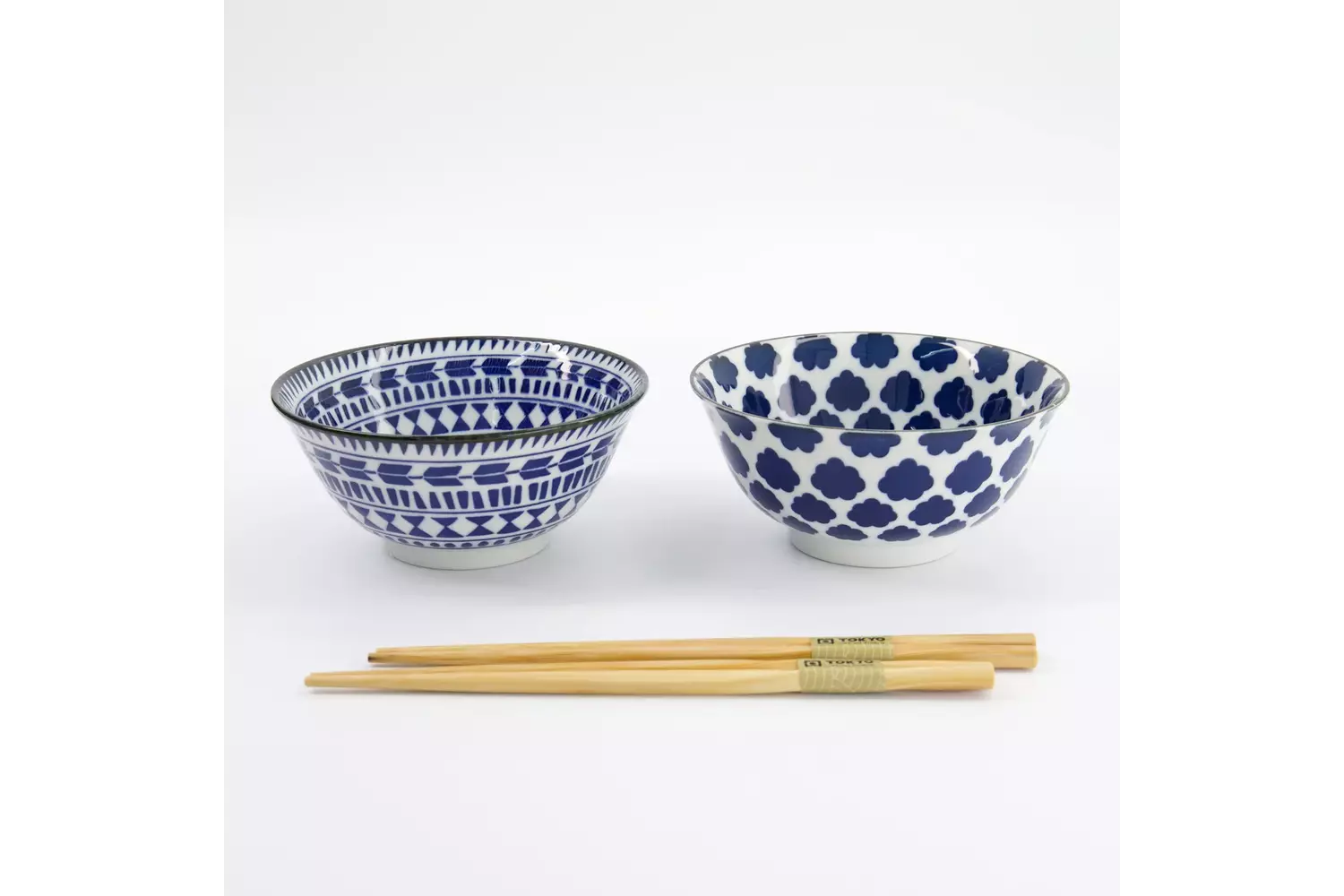 Tokyo Design Studio - Mixed Tayo Bowls 2pcs Giftset w/chopsticks 15x7cm Blue/White 500ml