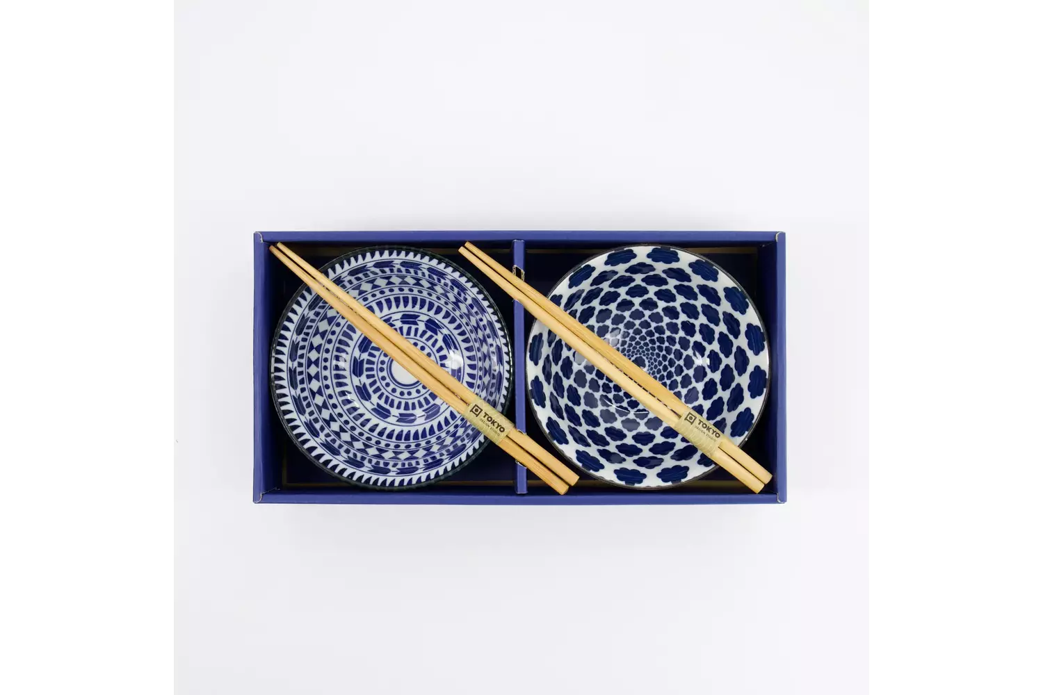 Tokyo Design Studio - Mixed Tayo Bowls 2pcs Giftset w/chopsticks 15x7cm Blue/White 500ml