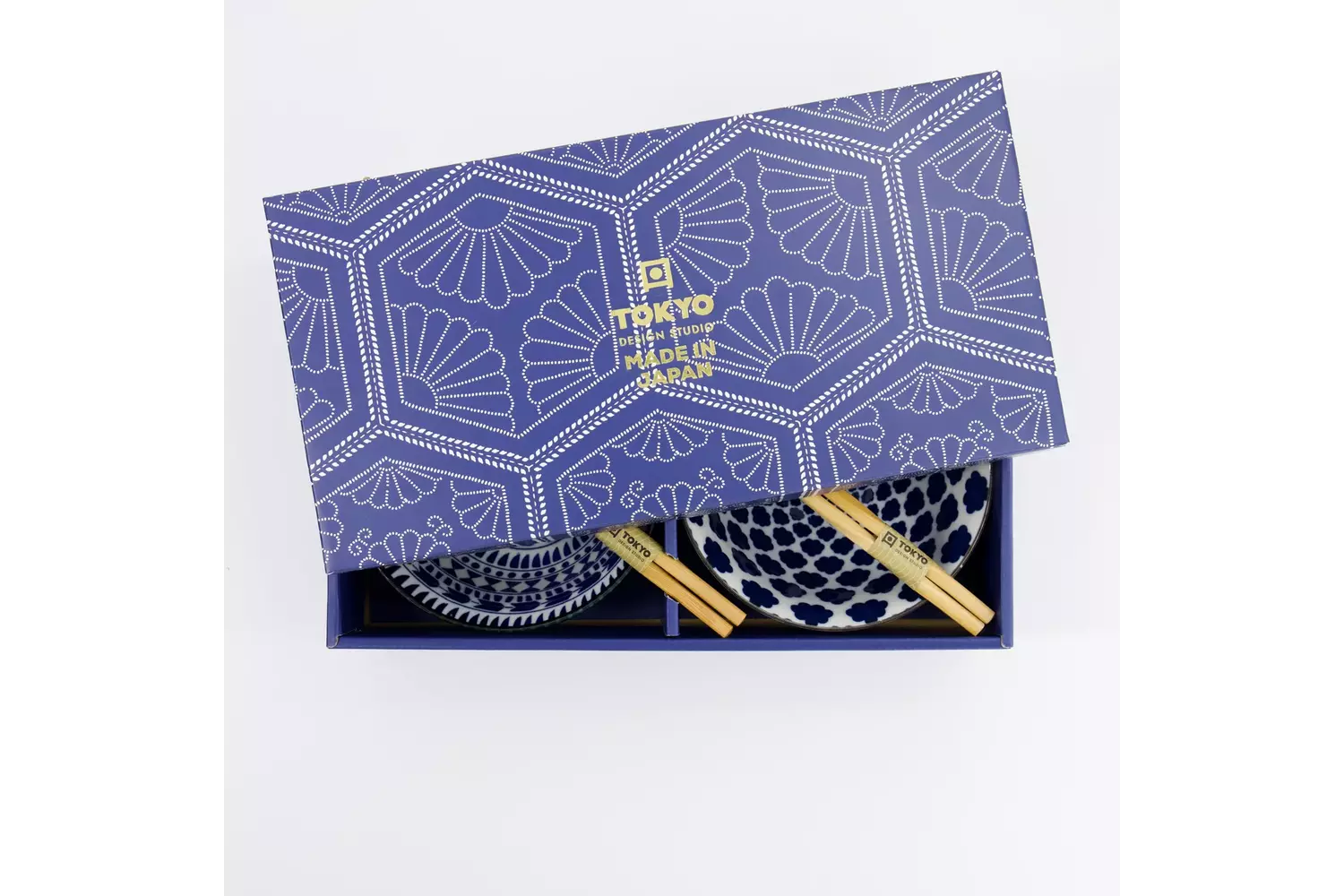 Tokyo Design Studio - Mixed Tayo Bowls 2pcs Giftset w/chopsticks 15x7cm Blue/White 500ml