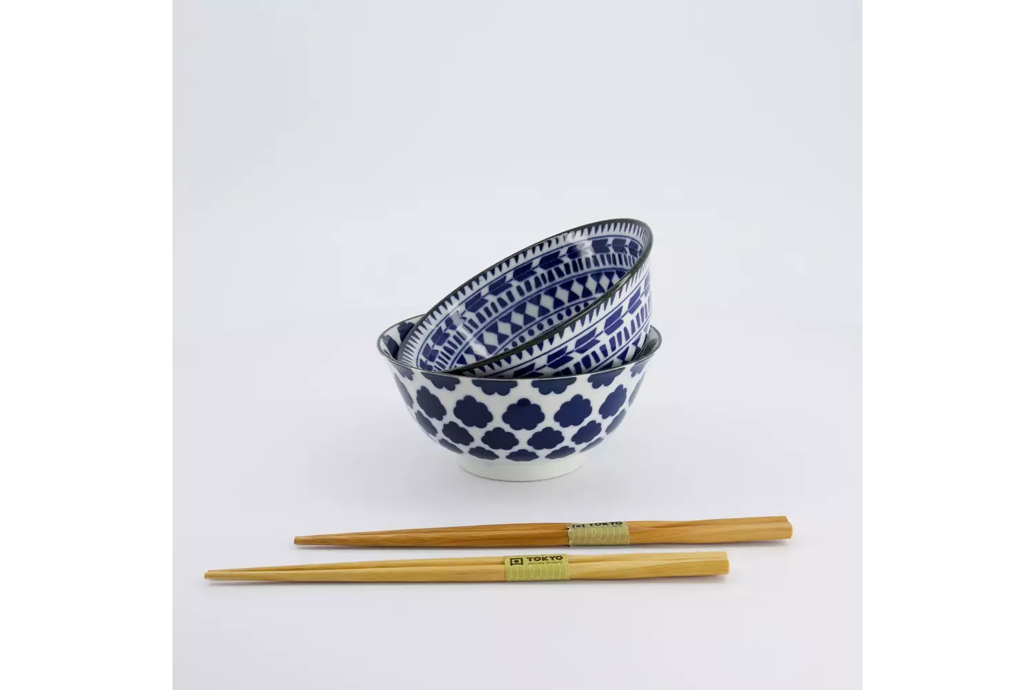 Tokyo Design Studio - Mixed Tayo Bowls 2pcs Giftset w/chopsticks 15x7cm Blue/White 500ml