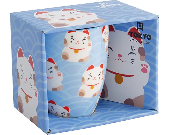 Tokyo Design Studio - Kawaii Mug Lucky Cat with Gift Box Wh/Bl 8.5x10.2cm. 340ml