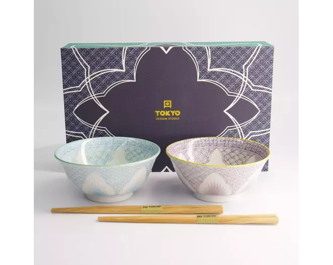 Tokyo Design Studio - Lily Flower Bowl 2pcs Giftset w/chopsticks Pur/Lbl 14.8x6.8cm 550ml
