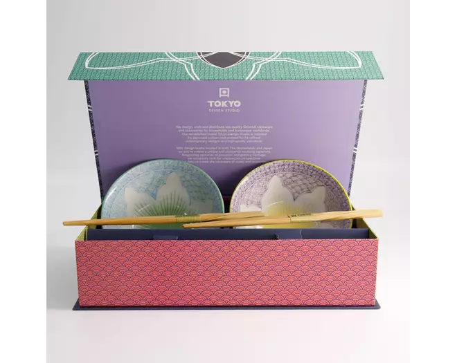 Tokyo Design Studio - Lily Flower Bowl 2pcs Giftset w/chopsticks Pur/Lbl 14.8x6.8cm 550ml