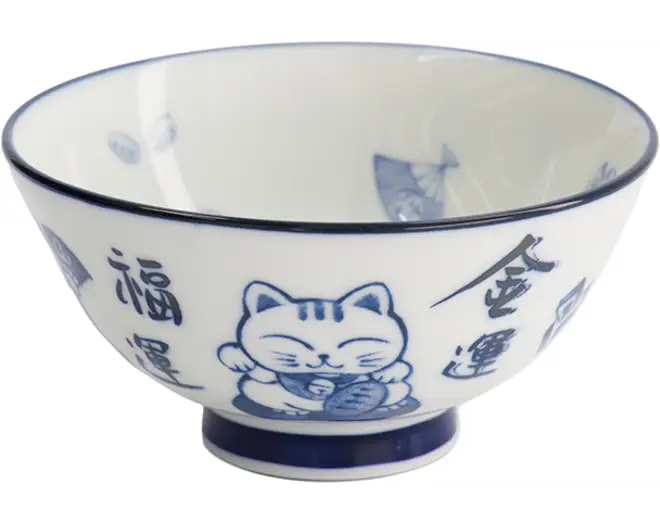 Tokyo Design Studio - Kawaii Rice Bowl Lucky Cat Blue/White 11.3x5.8cm 300ml