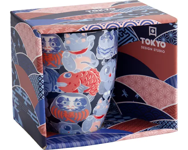 Tokyo Design Studio - Kawaii Mug Lucky Cat Daruma with Gift Box 8.5x10.2 Blue 340ml