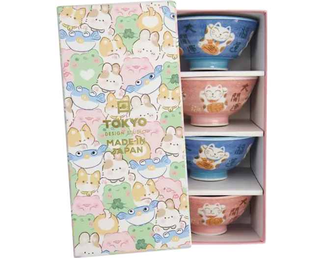 Tokyo Design Studio - Kawaii Bowls Lucky Cat Blue/Pink B 4pcs