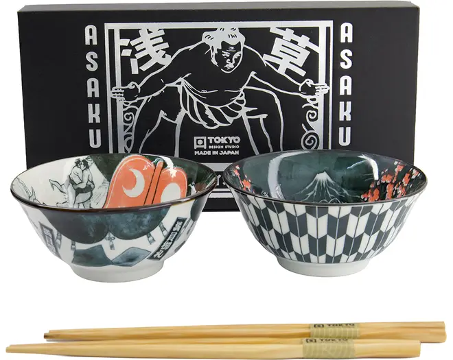 Tokyo Design Studio - Asakusa Tayo Bowl Giftset 2pcs with Chopsticks 14.8x7cm. 500ml. B