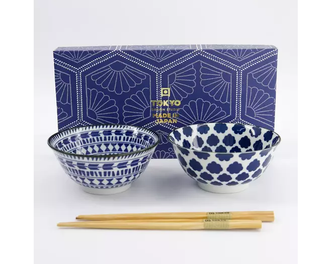 Tokyo Design Studio - Mixed Tayo Bowls 2pcs Giftset w/chopsticks 15x7cm Blue/White 500ml