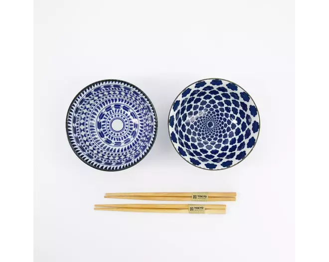 Tokyo Design Studio - Mixed Tayo Bowls 2pcs Giftset w/chopsticks 15x7cm Blue/White 500ml