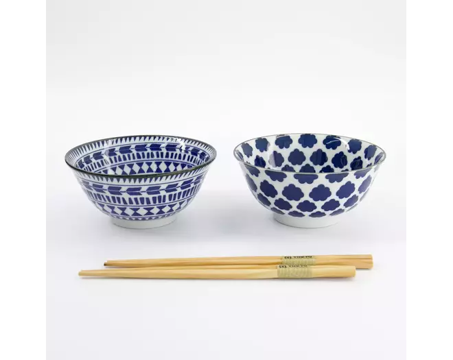 Tokyo Design Studio - Mixed Tayo Bowls 2pcs Giftset w/chopsticks 15x7cm Blue/White 500ml