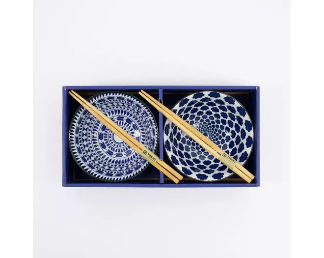 Tokyo Design Studio - Mixed Tayo Bowls 2pcs Giftset w/chopsticks 15x7cm Blue/White 500ml