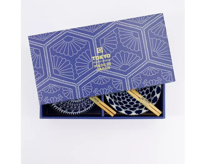 Tokyo Design Studio - Mixed Tayo Bowls 2pcs Giftset w/chopsticks 15x7cm Blue/White 500ml