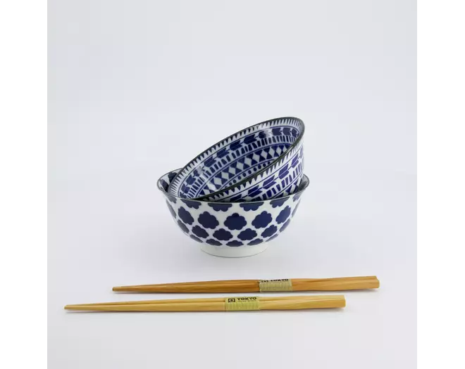 Tokyo Design Studio - Mixed Tayo Bowls 2pcs Giftset w/chopsticks 15x7cm Blue/White 500ml