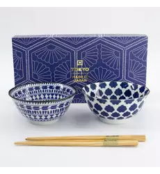 Tokyo Design Studio - Mixed Tayo Bowls 2pcs Giftset w/chopsticks 15x7cm Blue/White 500ml