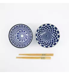 Tokyo Design Studio - Mixed Tayo Bowls 2pcs Giftset w/chopsticks 15x7cm Blue/White 500ml