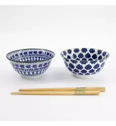 Tokyo Design Studio - Mixed Tayo Bowls 2pcs Giftset w/chopsticks 15x7cm Blue/White 500ml