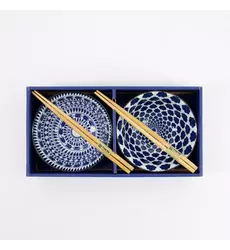 Tokyo Design Studio - Mixed Tayo Bowls 2pcs Giftset w/chopsticks 15x7cm Blue/White 500ml